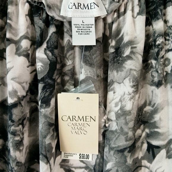 NWT Carmen Marc Valvo Blouse Womens L Gray Floral Long Sleeve Off Shoulder Top - Picture 2 of 6